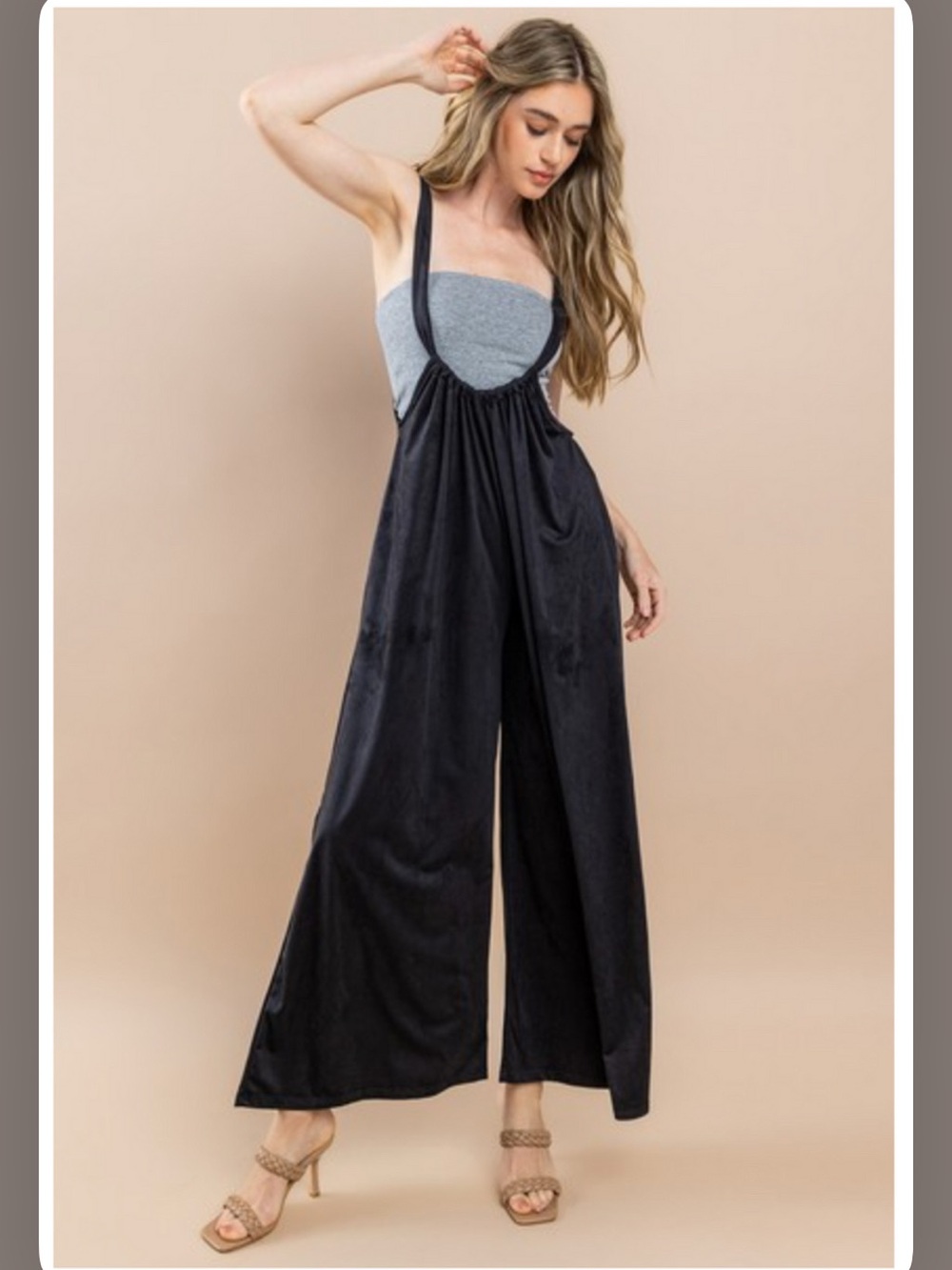 NWT sz L Vanilla Bay Black Sueded Wide-Leg Suspender Jumpsuit pockets $62!